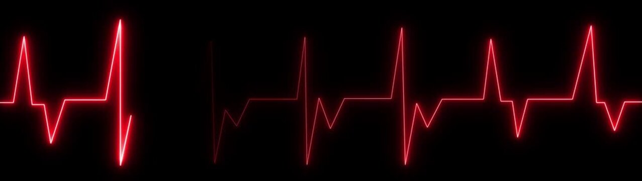 Red neon ECG heartbeat pulse line on a dark background.glowing electrocardiogram wave showing medical health monitor, emergency cardiology signal and life rhythm concept.