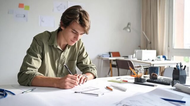 Focused young designer drawing plans and ideas in a bright studio