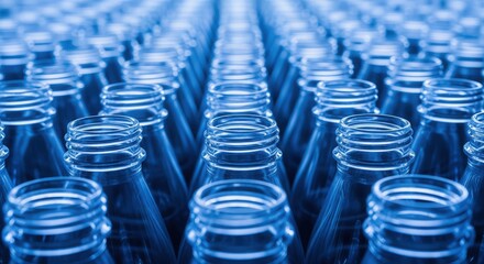 Fototapeta premium Glass Bottles in Production: Rows of pristine glass bottles stand in perfect alignment, awaiting their purpose. The cool blue hue evokes a sense of freshness and industrial efficiency. 