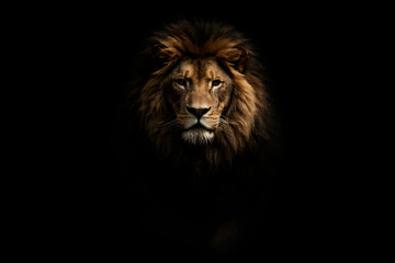 Fototapeta premium Majestic lion portrait against a dark background. The lion exudes strength and regal bearing. His eyes gaze directly at the viewer