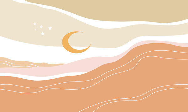 Serene 3D wallpaper design featuring minimalist desert landscape with flowing sand dunes, crescent moon and soft clouds in warm beige and peach color palette. Three-dimensional abstract wall decoratio