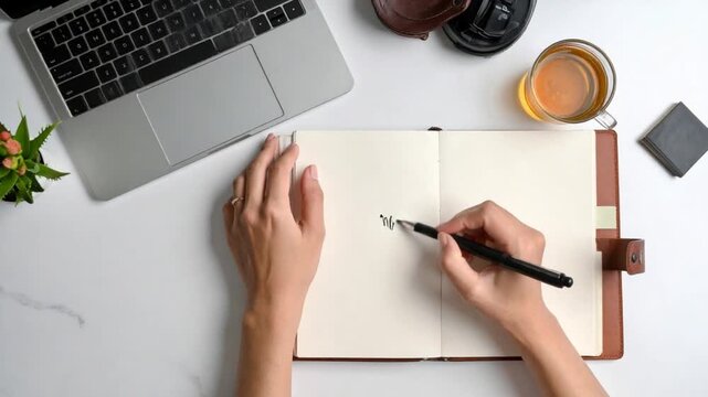 Overhead view of hands writing in a notebook on a modern workspace