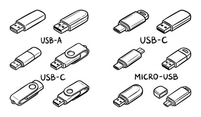USB Types Vector Illustration USB-A USB-C and Micro-USB Flash Drive Connectors Different Versions