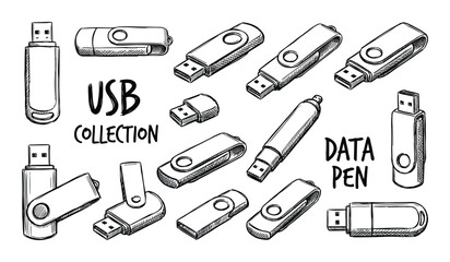 USB Collection Sketch, Data Pen Set, Hand Drawn Style, Flash Drives, Memory Sticks Vector Illustration