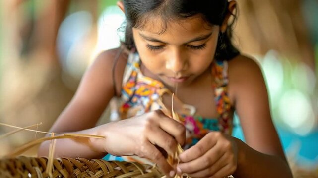 Young girl meticulously weaving traditional craft with natural fibers
