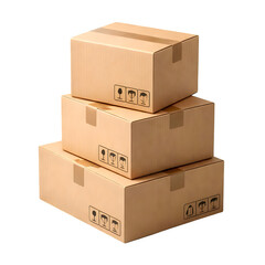 Three brown cardboard boxes stacked on top of each other, isolated on transparent background