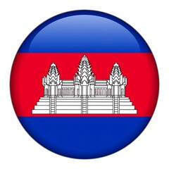 Glossy round badge with the flag of Cambodia. Iconic temple illustration on red stripe