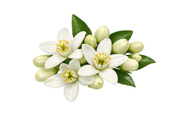 Orange blossom with delicate white petals and green leaves, symbolizing freshness, fragrance, and natural beauty on transparent background