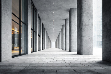 Fototapeta premium Minimal modern building exterior hallway with concrete pillars and large glass windows, creating bright and spacious architectural corridor with clean lines and natural light