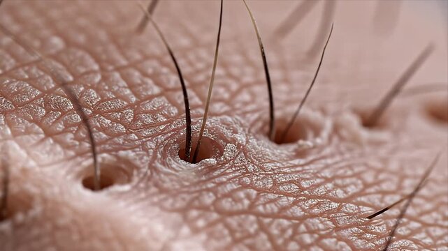 Detailed Close Up of Skin Pores and Hair Follicles with Hair Strands Beige Skin Background Medical CGI Rendered