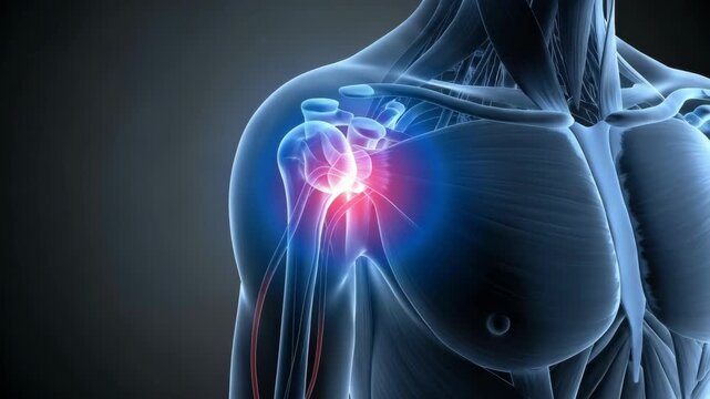 3d Rendered Anatomical Illustration Highlighting Shoulder Anatomy With The Area Of Inflammation Set Against Dark Background Potentially For Medical Educational Purposes