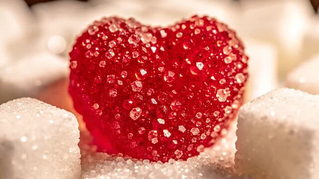 Sweet red heart candy covered in sugar crystals surrounded by sugar cubes