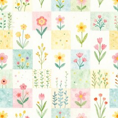 Obraz premium Seamless Hand Drawn Pastel Spring Wildflower Pattern with Playful Patchwork Florals Grasses and Dots on White Background 