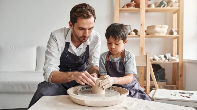 Father and son creating pottery together on a wheel in a bright studio