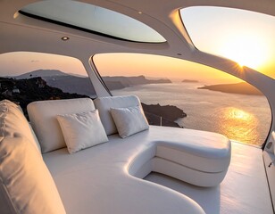 Fototapeta premium Futuristic white seating area, curved shapes, panoramic sunset view over sea and mountains