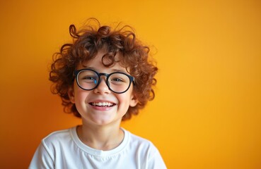 Obraz premium Young boy with curly hair wears glasses and smiles widely. He has a joyful expression against an orange background. He looks happy and friendly.