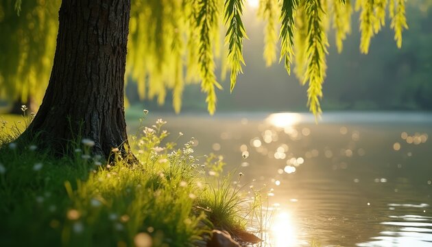 Willow tree trunk near tranquil lake at sunrise. Sunlight sparkles on water surface. Green grass and small white flowers grow by shore. Peaceful natural scenery.
