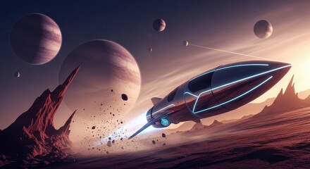 Chrome spaceship flying over martian landscape with multiple moons and stars in purple alien sky for space exploration science fiction adventure interstellar travel and futuristic galaxy mission