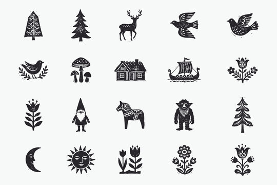 Nordic Folk Art Symbols Set. Scandinavian Christmas and Forest Elements Woodcut Vector.