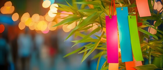 Tanzaku strips at Tanabata at dusk.