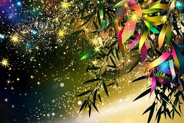 Tanabata bamboo, paper strips, and glitter.