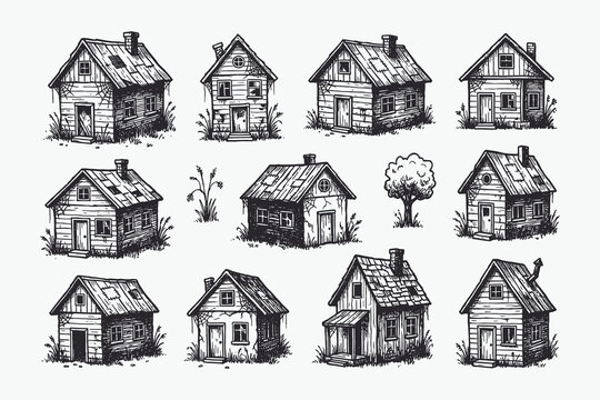 Vintage Hand Drawn Rustic Abandoned Houses and Shacks Vector Collection
