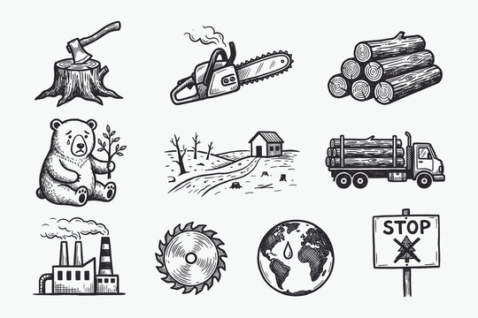 Deforestation and Logging Environmental Icon Set, Hand Drawn Woodcut Style Illustrations.