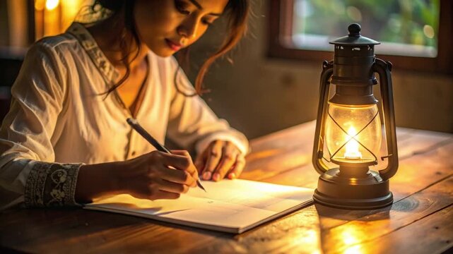 Young woman writing by warm lantern light on a rustic wooden table
