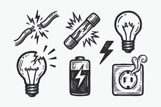 Grunge Sketch Icons: Short Circuit, Blown Fuse, Broken Bulb, and Battery Power.