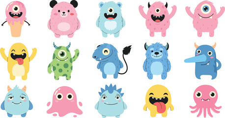 Set of cute colorful monster characters in pink, blue, and yellow, flat vector illustrations for children's birthday parties, stickers, and whimsical patterns. © MstRozinaAkter
