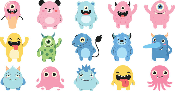 Set of cute colorful monster characters in pink, blue, and yellow, flat vector illustrations for children's birthday parties, stickers, and whimsical patterns.