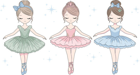 Set of cute kawaii ballerina girls in pastel tutus and tiaras, graceful fairy princess characters for children's birthday invitations. © MstRozinaAkter