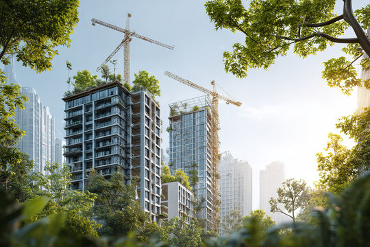 Modern condominium buildings under construction with cranes surrounded by lush green trees and plants, blending urban development with nature in bright sunny day