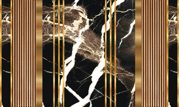 Opulent 3D wallpaper design featuring dramatic golden vertical columns framing luxurious black marble with electric golden lightning veins and Art Deco ornamental corners. Three-dimensional architectu