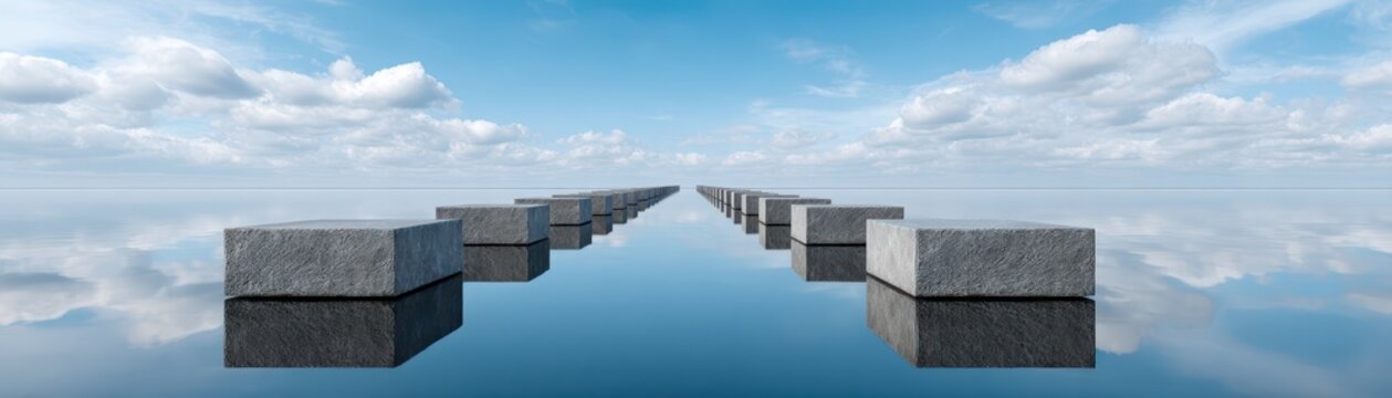 A surreal scene of stone blocks forming a path across a perfectly reflective water surface under a partly cloudy blue sky.