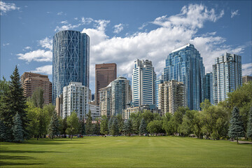 Obraz premium Modern city skyline with green park area and tall buildings under partly cloudy blue sky, showcasing urban architecture and natural landscape in harmony