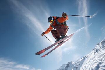 Skier performs an impressive jump with snow-covered mountains in the background on a clear winter day
