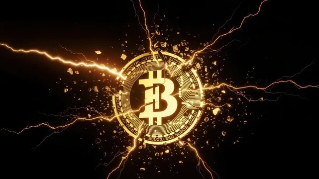 Golden Cryptocurrency Icon Being Shattered By Powerful Lightning Strikes Against Black Backdrop Showcasing Digital Finance Impact Cryptocurrency Volatility For Financial Articles