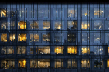Modern office building facade at night with illuminated windows showing interior workspaces and furniture, creating calm and productive atmosphere in city