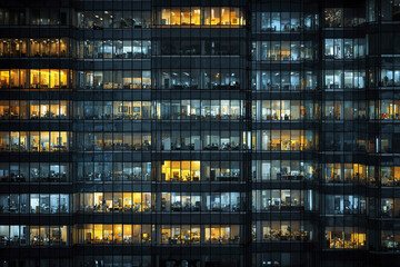 Fototapeta premium Modern office building facade at night with illuminated windows showing various workspaces and desks in city environment, creating vibrant and busy atmosphere