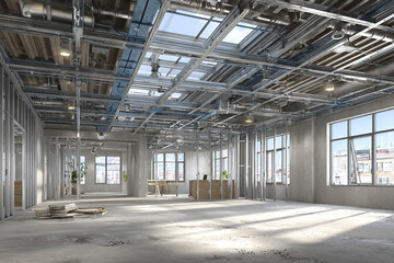 Modern office renovation site interior with unfinished walls and exposed ceiling pipes, natural light flooding through large windows creating bright and spacious atmosphere