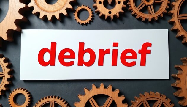 Word debrief in red text on white board surrounded by wooden gears. Concept of process analysis, planning or project management. Business meeting summary.