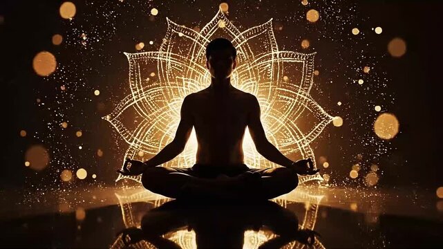 Serene Silhouette in Meditation Pose Surrounded by Golden Mandala and Bokeh Lights, Ideal for Wellness and Spiritual Background Footage