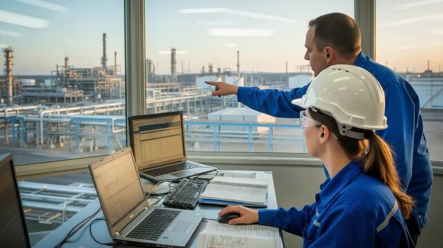 Two Engineers Working At Computer Inside Office With Views Of Plant During Sunset Possibly For Industry Reports Control