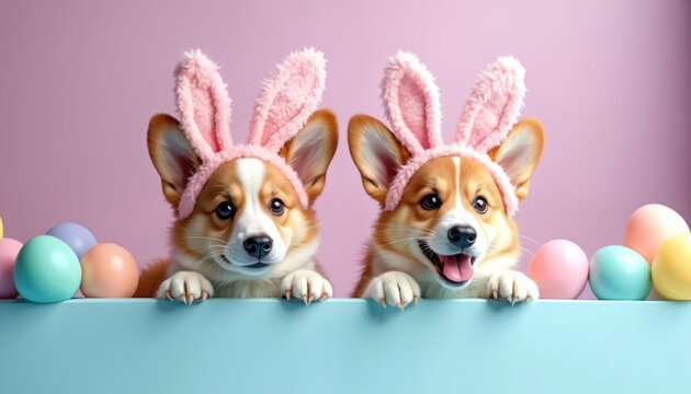 Two corgi puppies wear pink bunny ears and sit behind a blue border with pastel easter eggs. They look happy and ready for spring holidays. This is a perfect greeting for Easter.