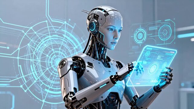 Futuristic humanoid robot interacting with digital interface