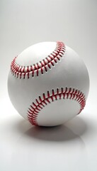 Closeup of a white leather baseball with red stitching on a clean white background. This sports equipment is ready for game day training or professional play. Perfect for advertising.