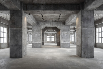 Modern unfinished industrial interior with concrete columns and large windows creating spacious, raw, and minimalistic atmosphere filled with natural light and structural details