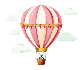 Fototapeta premium Beautiful pink and white hot air balloon flying through soft clouds for whimsical travel theme Graphic Asset