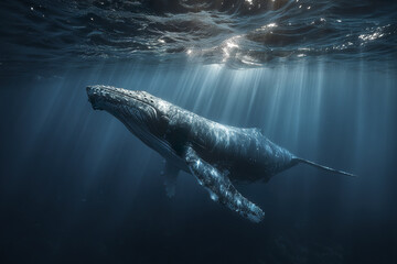 Fototapeta premium Underwater whale swimming near ocean surface with sunlight rays penetrating water, creating moody and serene marine scene full of natural beauty and calm atmosphere